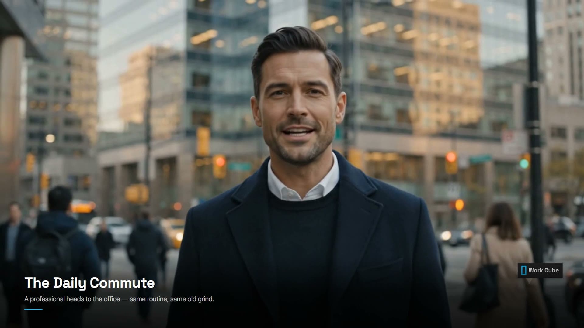 Preview of the Work Cube explainer video — a professional on a busy downtown street